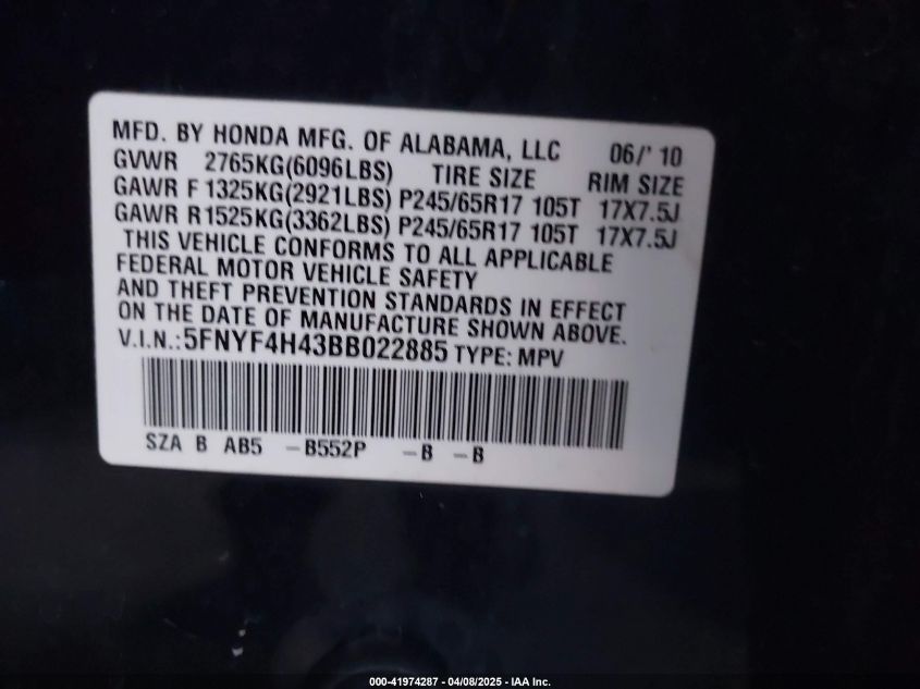 2011 Honda Pilot Ex VIN: 5FNYF4H43BB022885 Lot: 41974287