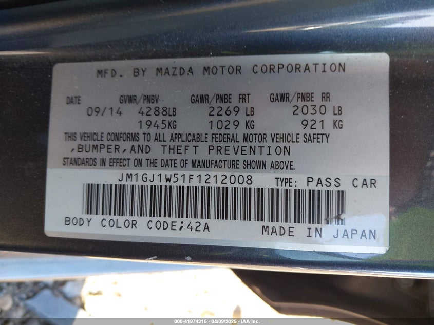 2015 MAZDA MAZDA6 VIN: JM1GJ1W51F1212008
