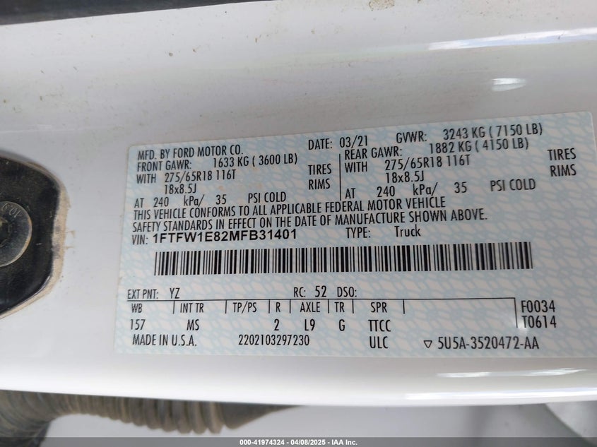 2021 FORD F-150 VIN: 1FTFW1E82MFB31401