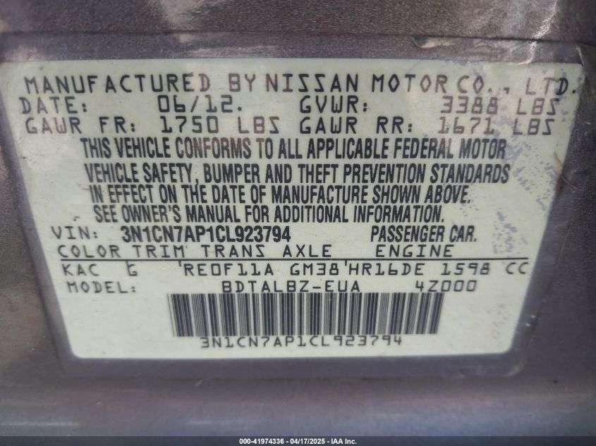 2012 Nissan Versa 1.6 Sv VIN: 3N1CN7AP1CL923794 Lot: 41974336