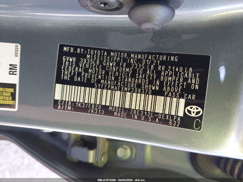 2021 Toyota Corolla Le VIN: 5YFEPMAEXMP208370 Lot: 41974368