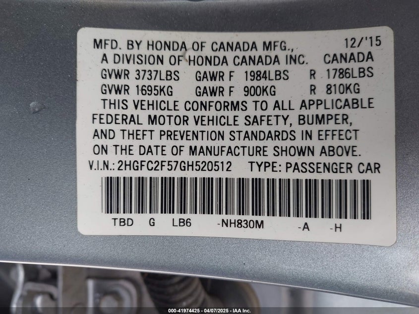 2016 HONDA CIVIC VIN: 2HGFC2F57GH520512