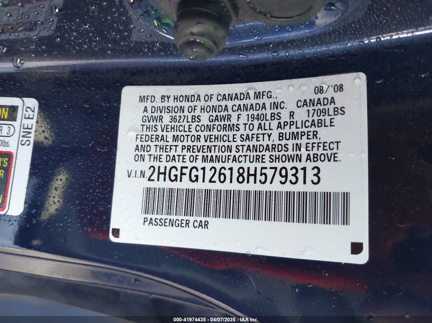 2008 HONDA CIVIC VIN: 2HGFG12618H579313