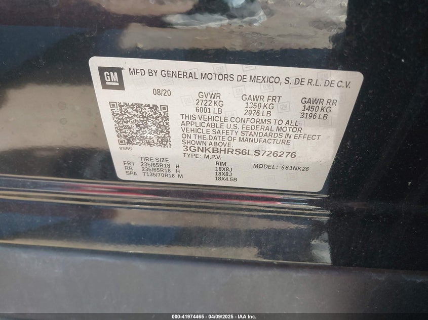 2020 CHEVROLET BLAZER VIN: 3GNKBHRS6LS726276