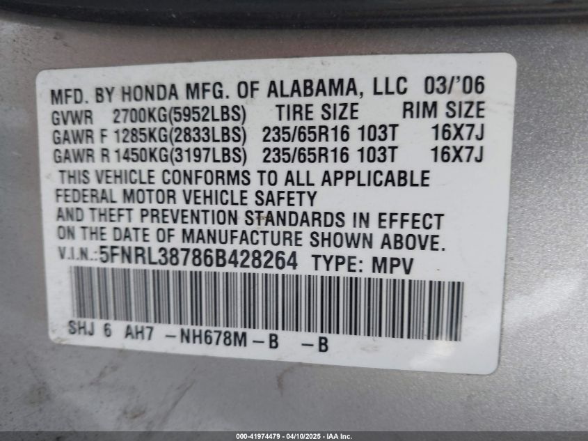 2006 Honda Odyssey Ex-L VIN: 5FNRL38786B428264 Lot: 41974479