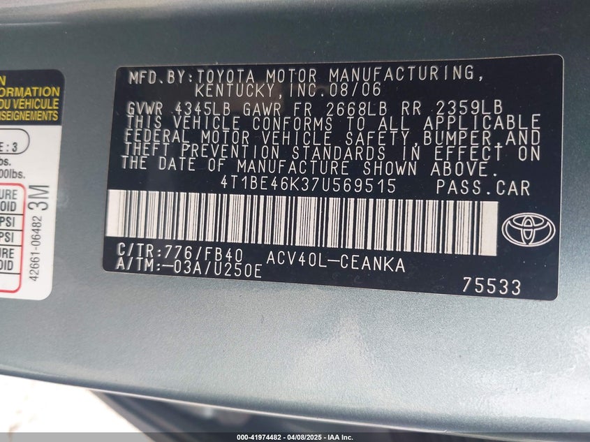 2007 TOYOTA CAMRY VIN: 4T1BE46K37U569515