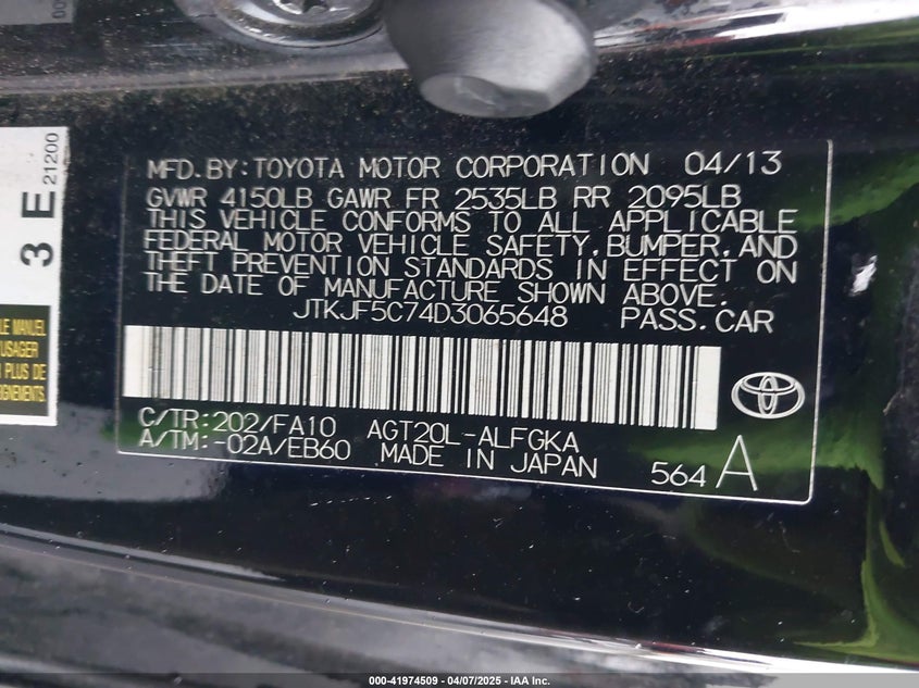 2013 SCION TC VIN: JTKJF5C74D3065648