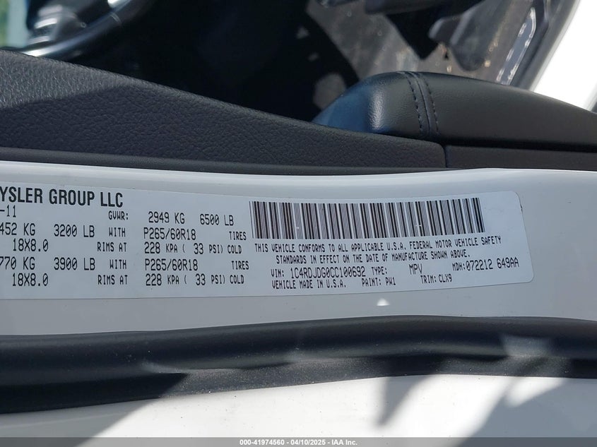2012 DODGE DURANGO VIN: 1C4RDJDG0CC100692
