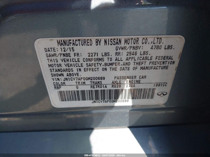 2016 Infiniti Q50 2.0T Base/2.0T Premium VIN: JN1CV7AP0GM200689 Lot: 41974612