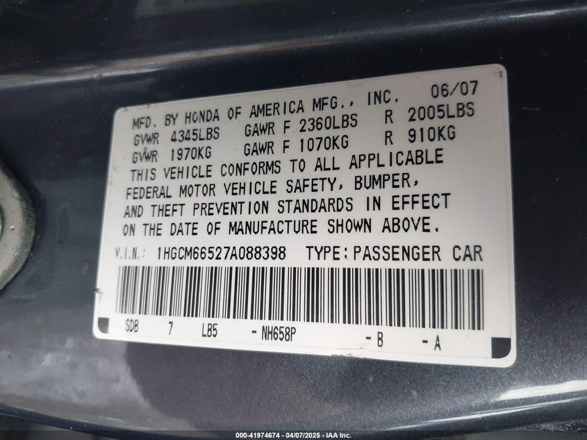 2007 HONDA ACCORD VIN: 1HGCM66527A088398
