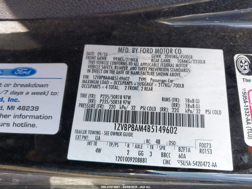 2011 FORD MUSTANG VIN: 1ZVBP8AM4B5149602