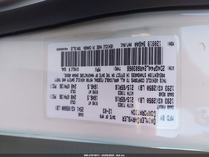 2004 Dodge Grand Caravan Sxt VIN: 2D4GP44L24R603066 Lot: 41974911