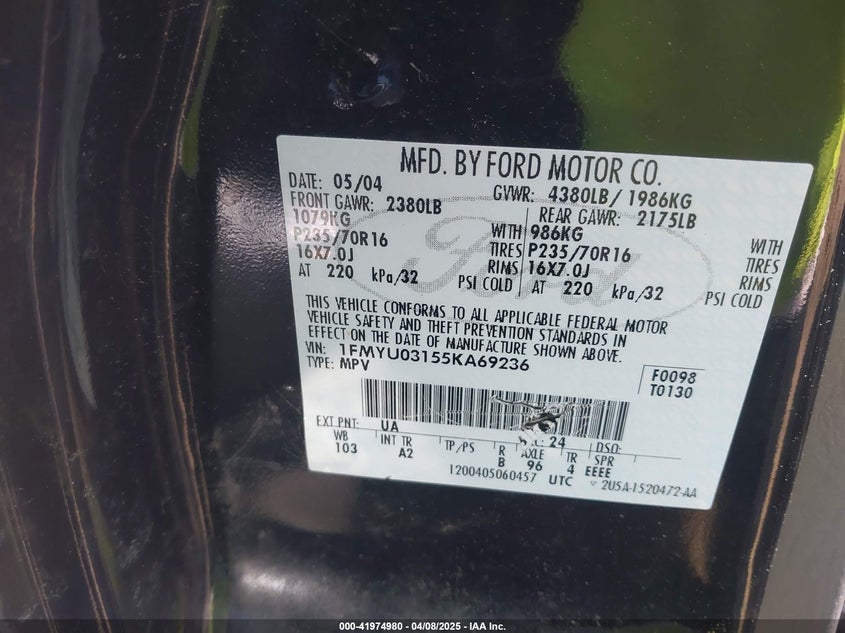 1FMYU03155KA69236 2005 FORD ESCAPE photo no. 9