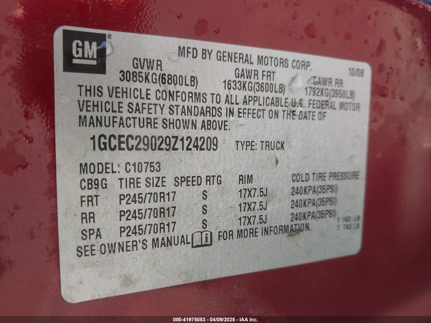 2009 CHEVROLET SILVERADO VIN: 1GCEC29029Z124209