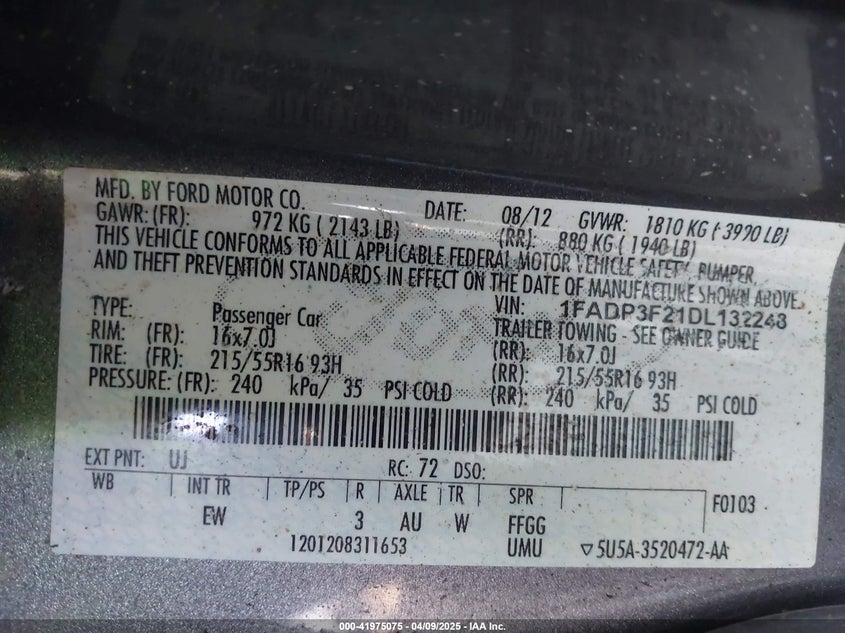 2013 FORD FOCUS VIN: 1FADP3F21DL132248