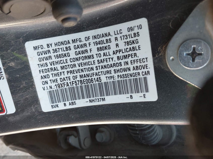 2011 HONDA CIVIC VIN: 19XFA1F57BE006145