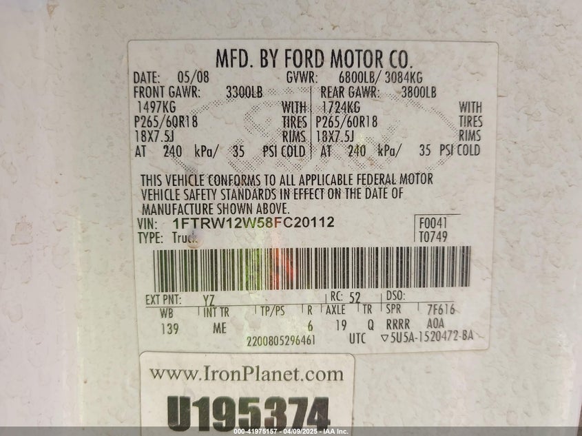 2008 FORD F-150 VIN: 1FTRW12W58FC20112