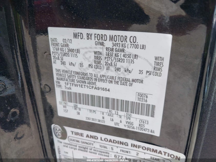 2012 FORD F150 VIN: 1FTFW1ET1CFA91654