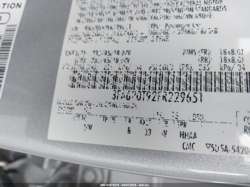 2015 Ford Fusion Se VIN: 3FA6P0T92FR229651 Lot: 41975215