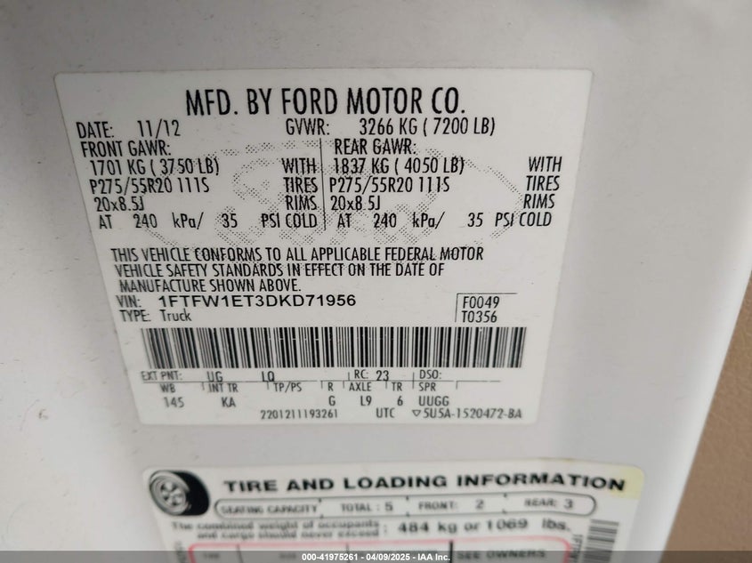 2013 FORD F150 VIN: 1FTFW1ET3DKD71956