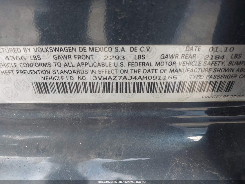 2010 VOLKSWAGEN JETTA VIN: 3VWAZ7AJ4AM091165