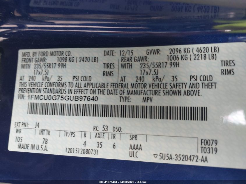 2016 Ford Escape Se VIN: 1FMCU0G75GUB97640 Lot: 41975434