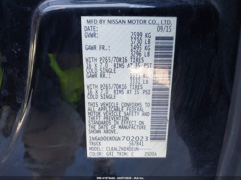 2016 NISSAN FRONTIER VIN: 1N6AD0ER0GN702023