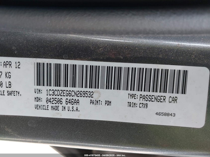 2012 DODGE AVENGER VIN: 1C3CDZEG6CN269532