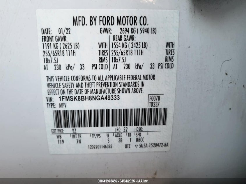 2022 FORD EXPLORER VIN: 1FMSK8BH8NGA49333