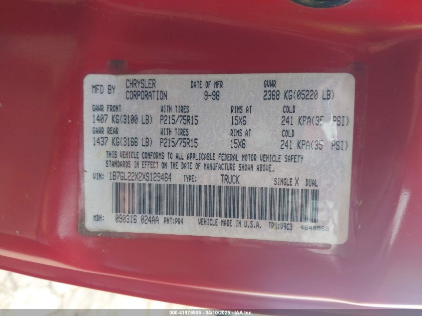 1999 Dodge Dakota Slt/Sport VIN: 1B7GL22X2XS129464 Lot: 41975506