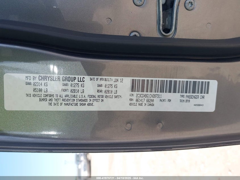 2012 DODGE CHARGER VIN: 2C3CDXBG1CH287311