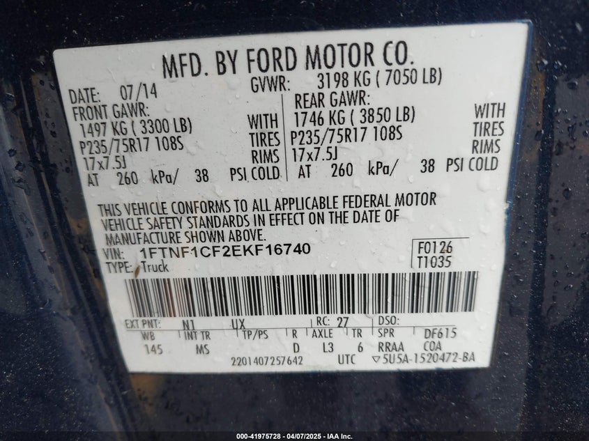 2014 FORD F150 VIN: 1FTNF1CF2EKF16740