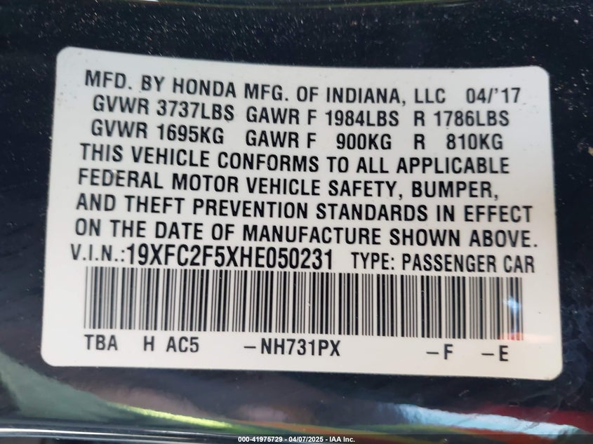 2017 HONDA CIVIC VIN: 19XFC2F5XHE050231