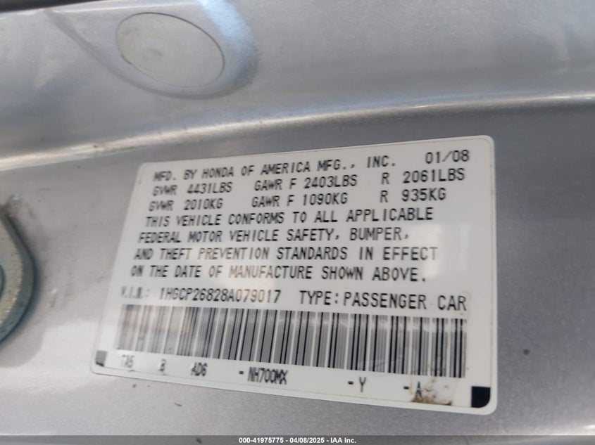 2008 HONDA ACCORD VIN: 1HGCP26828A079017