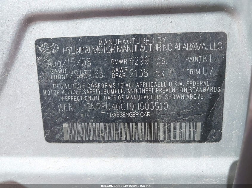 2009 HYUNDAI SONATA VIN: 5NPEU46C19H503510