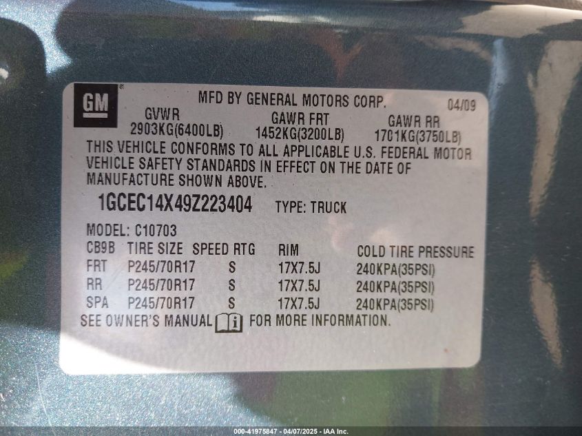 2009 Chevrolet Silverado 1500 VIN: 1GCEG14X49Z223404 Lot: 41975847