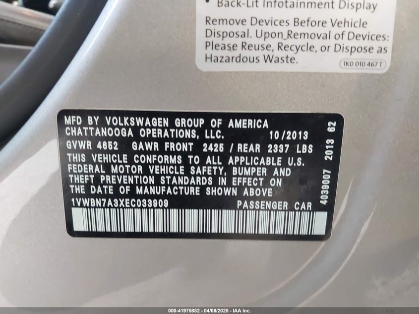 2004 VOLKSWAGEN PASSAT VIN: 1VWBN7A3XEC033909