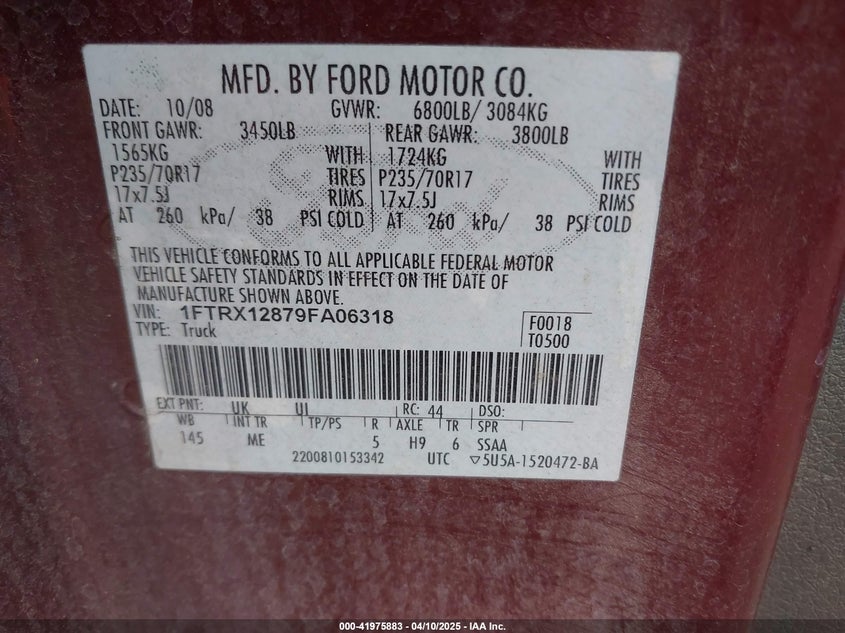 2009 FORD F-150 VIN: 1FTRX12879FA06318