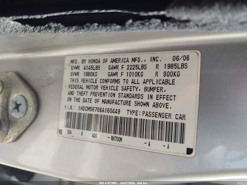 2006 HONDA ACCORD VIN: 1HGCM56706A160449