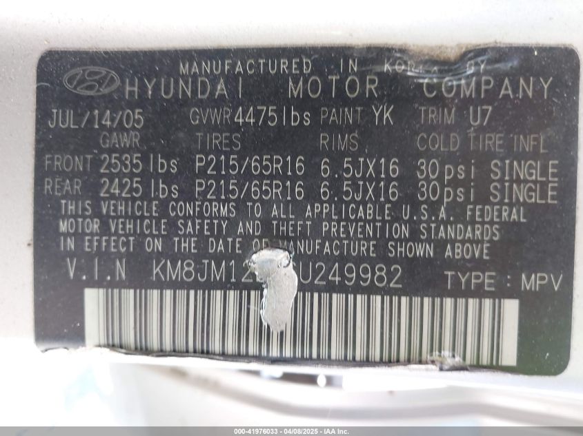 2006 Hyundai Tucson VIN: KMBJM12BX8U249982 Lot: 41976033