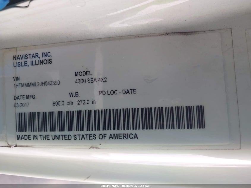 2018 International Durastar 4300 VIN: 1HTMMMML2JH543390 Lot: 41976117