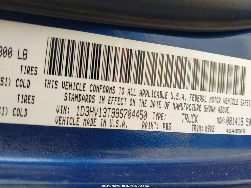 2009 DODGE RAM 1500 VIN: 1D3HV13T99S704450