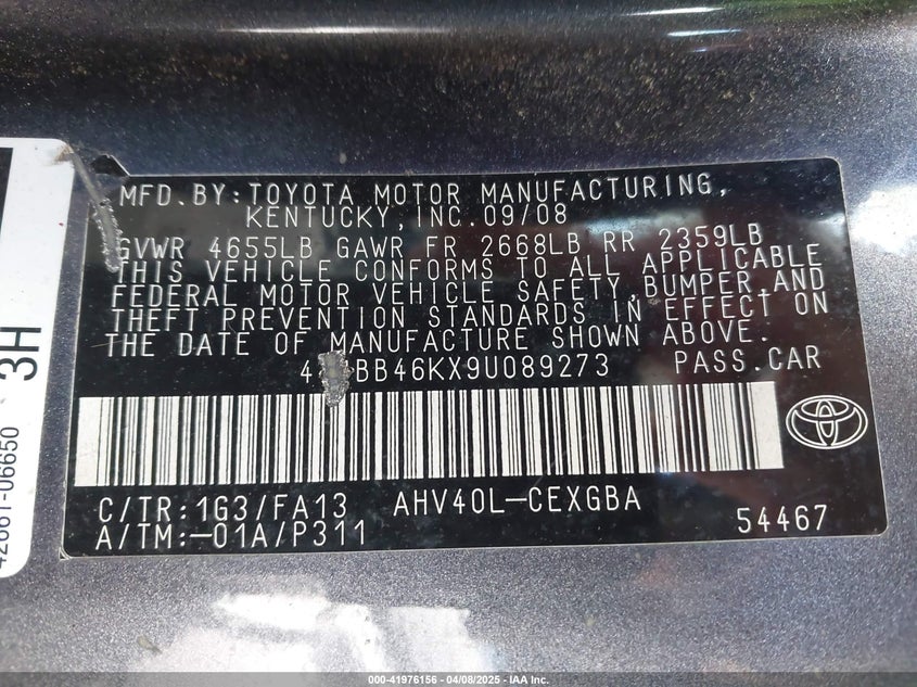 2009 TOYOTA CAMRY HYBRID VIN: 4T1BB46KX9U089273