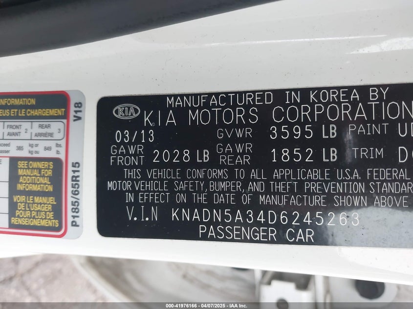 2013 KIA RIO VIN: KNADN5A34D6245263