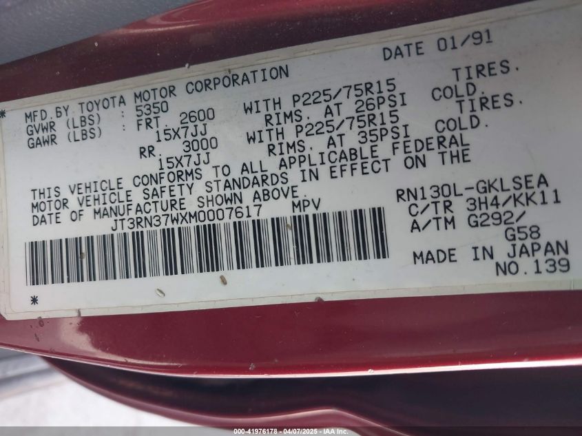 1991 Toyota 4Runner Rn37 VIN: JT3RN37WXM0007617 Lot: 41976178