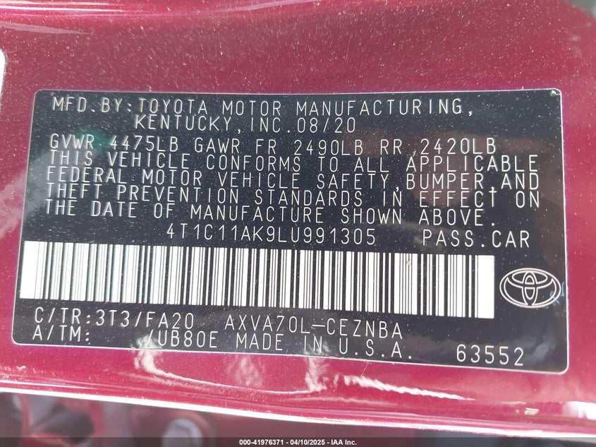 2020 TOYOTA CAMRY LE - 4T1C11AK9LU991305