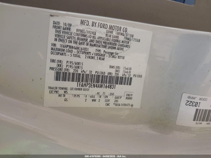 2010 FORD FOCUS VIN: 1FAHP3EN4AW164831