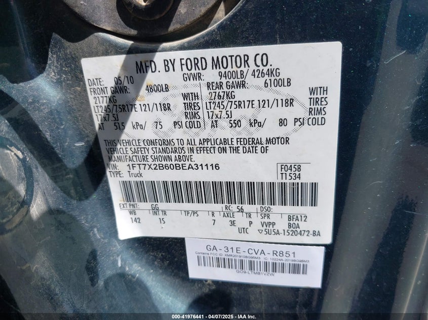 2011 FORD F-250 VIN: 1FT7X2B60BEA31116