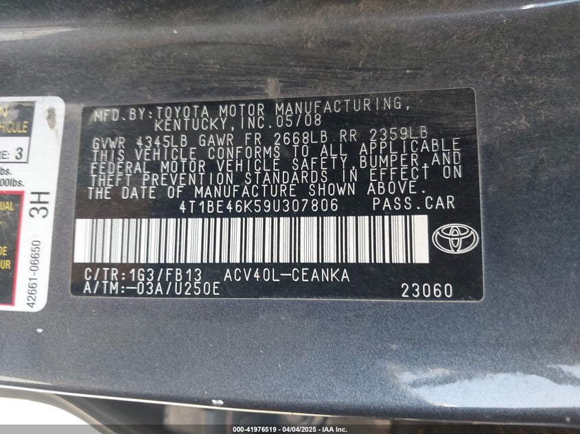 2009 TOYOTA CAMRY VIN: 4T1BE46K59U307806