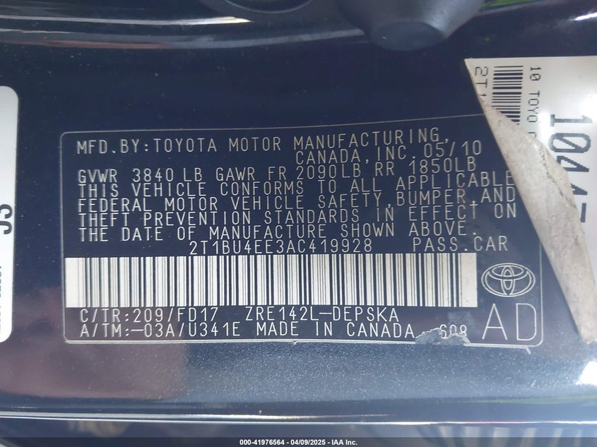 2010 TOYOTA COROLLA VIN: 2T1BU4EE3AC419928